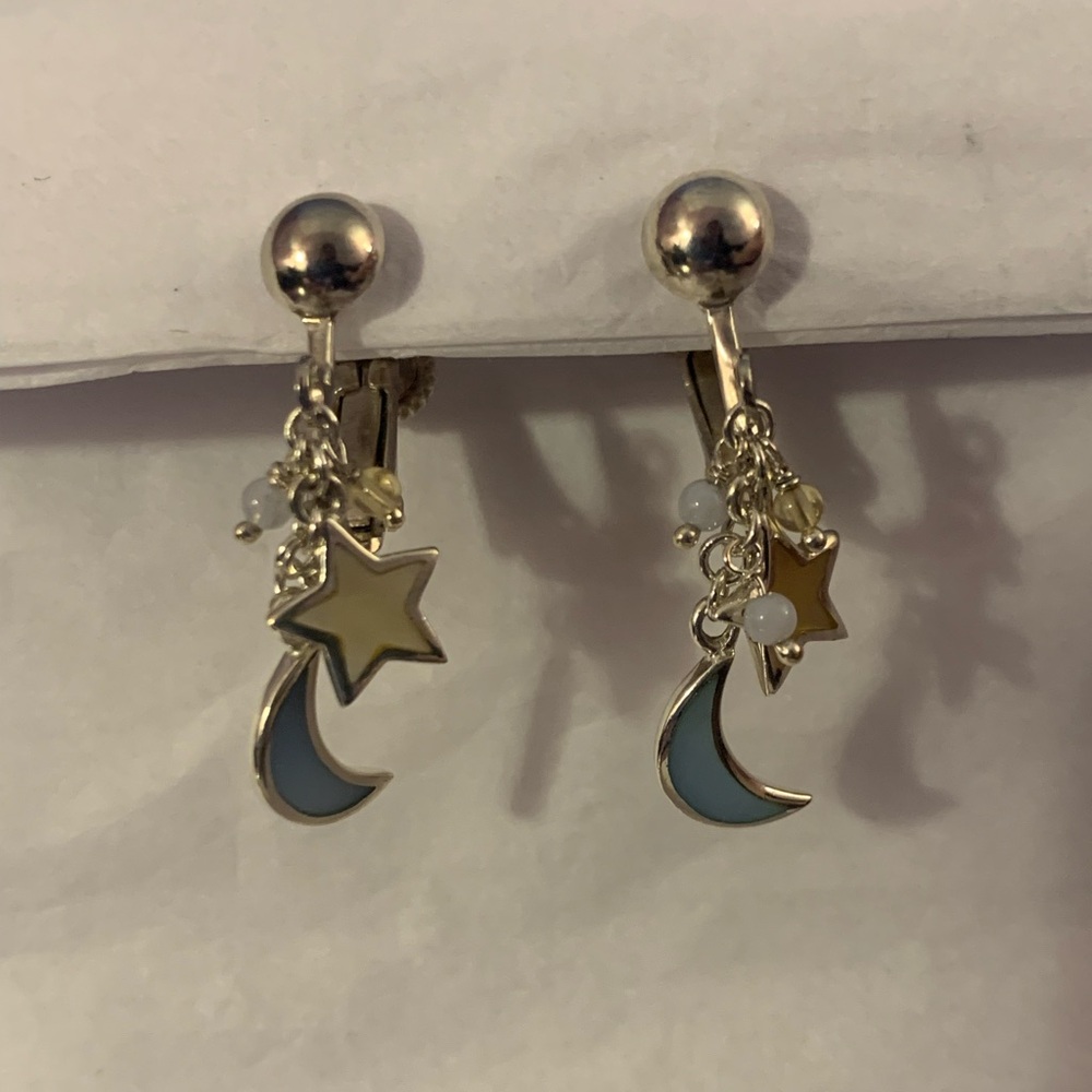 Silver Moon and Star Clip On Earrings